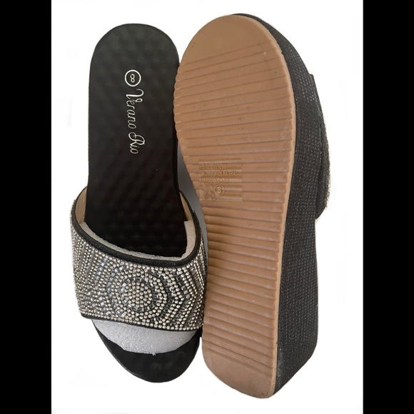 Verano Rio Woman’s Wedge Silver& Black Rhinestone Slide Platform Open Toe Sandal - Picture 4 of 4
